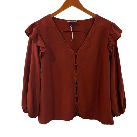 Universal Thread NWOT Burnt Orange Button Up Blouse Plus Size XXL Ruffle Sleeves - Picture 1 of 5